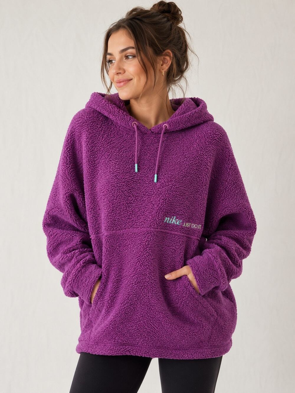 Nike Just Do It Sherpa Fleece Hoodie XXL Purple Pullover Cozy Oversized